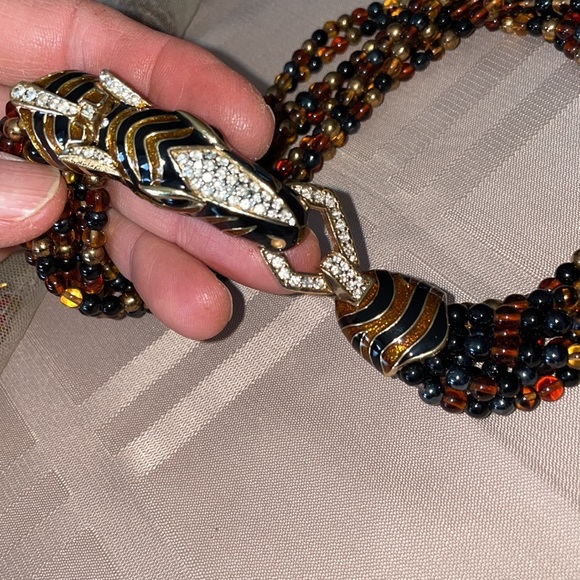 Vintage Signed CINER Enameled Zebra Torsade eight Strand Glass Bead Necklace - Picture 3 of 9